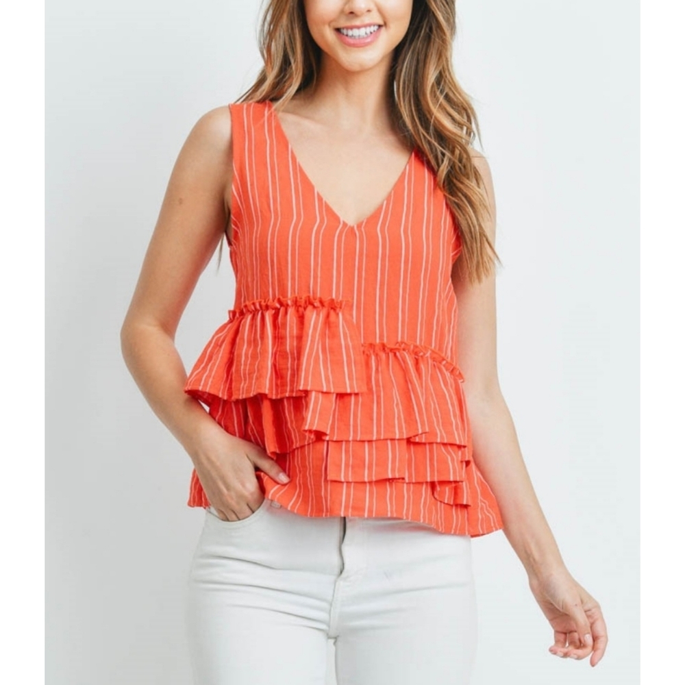 Fanco Striped Ruffle V-Neck Tank Top Coral